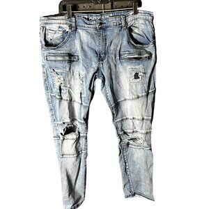 Kilogram Women's Distressed Blue Jeans With Zipper Accents & Ripped Details 42